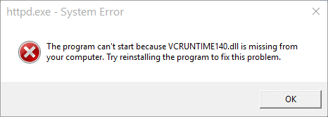 Fix Programmet kan ikke starte fordi VCRUNTIME140.DLL mangler på datamaskinen