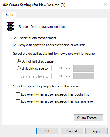 Marque a caixa de seleção Ativar gerenciamento de cota e Negar espaço em disco para usuários que excederem o limite de cota