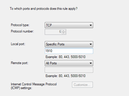 izberite TCP (ali UDP) in posebna lokalna vrata