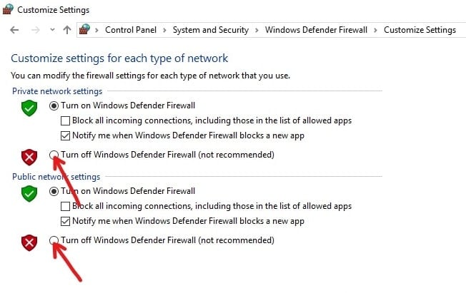 Sammuta Defenderin palomuuri sekä yksityisissä että julkisissa verkoissa napsauttamalla Sammuta Windows Defenderin palomuuri -vaihtoehdon vieressä olevaa painiketta.