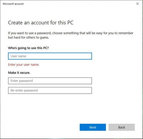 Geben Sie den Benutzernamen und das Passwort für das neue Konto ein und klicken Sie auf Weiter | [ANLEITUNG] Zurücksetzen von Microsoft Edge auf die Standardeinstellungen