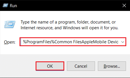 ჩაწერეთ programfiles Common FilesAppleMobile Device SupportDrivers გაშვების დიალოგურ ფანჯარაში. როგორ დააინსტალიროთ Apple მობილური მოწყობილობის მხარდაჭერა Windows 10-ში