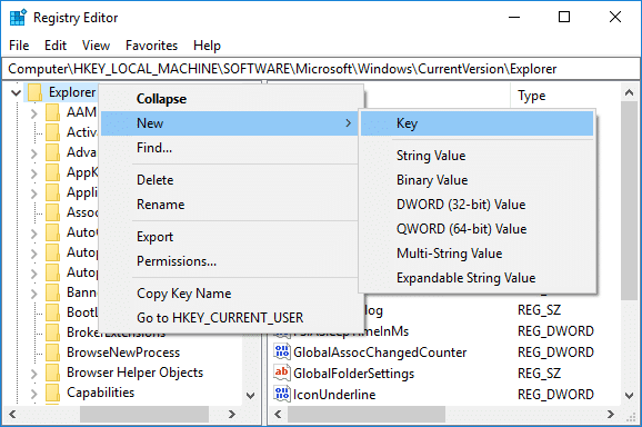 თუ არ გაქვთ " Shell Icons" გასაღები, დააწკაპუნეთ მარჯვენა ღილაკით Explorer-ზე, აირჩიეთ ახალი და შემდეგ აირჩიეთ გასაღები