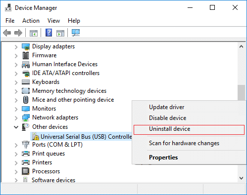 Expandera Andra enheter och högerklicka sedan på Universal Serial Bus (USB) Controller och välj Avinstallera