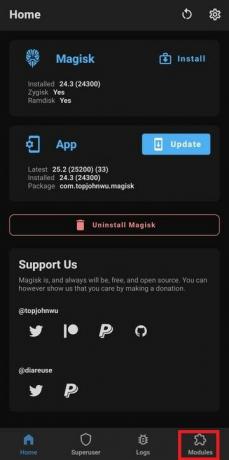 Otvorite aplikaciju Magisk Manager i odaberite karticu Moduli na donjoj navigacijskoj traci
