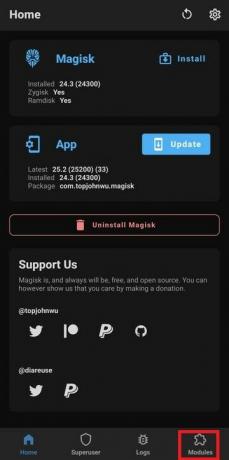 Atidarykite Magisk Manager programą ir apatinėje naršymo juostoje pasirinkite skirtuką Moduliai