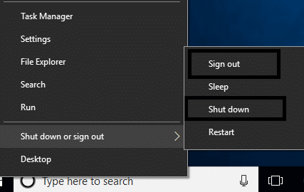 Windowsの左下のペイン画面を右クリックして、[シャットダウン]または[サインアウト]オプションを選択します。