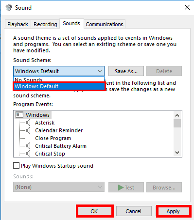 Pakeiskite garso schemą į No Sounds arba Windows Default. Spustelėkite Taikyti ir tada Gerai, kad išsaugotumėte pakeitimus. | Failų sistemos klaida 1073741819 sistemoje „Windows 10“.