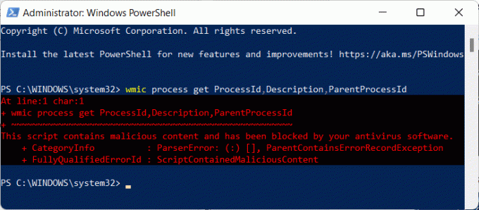 execute wmic process get ProcessId, Description, ParentProcessId powershell win11 error