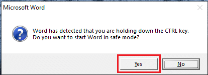 안전 모드에서 Microsoft Word를 시작하려면 예 버튼을 클릭하십시오.