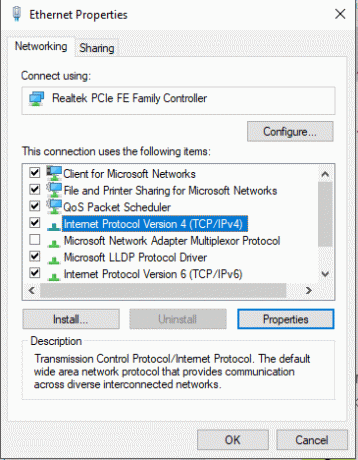 У вікні «Властивості Ethernet» натисніть «Протокол Інтернету версії 4».