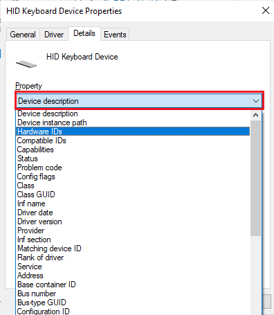 Choisissez Hardware IDs dans le menu déroulant Device description
