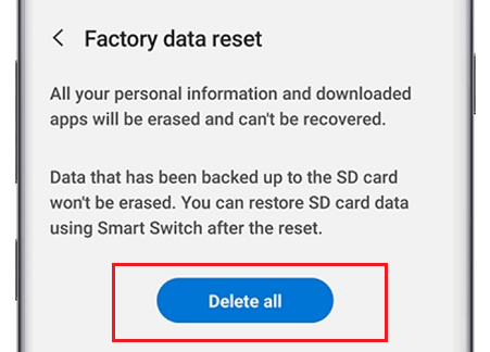 [すべて削除]ボタンをタップして、ファクトリリセットを開始します