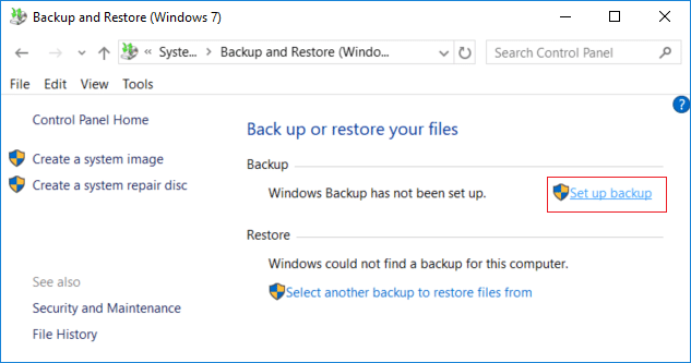 من نافذة النسخ الاحتياطي والاستعادة (Windows 7) ، انقر فوق إعداد نسخة احتياطية
