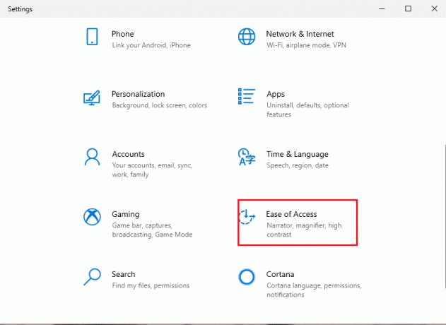 옵션 목록에서 '접근성' 섹션으로 이동 | Windows 10에서 마우스 포인터를 변경하는 방법