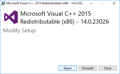 Pe pagina de configurare Microsoft Visual C++ 2015 Redistributable, faceți clic pe Reparare | Remediere Programul nu poate porni deoarece api-ms-win-crt-runtime-l1-1-0.dll lipsește
