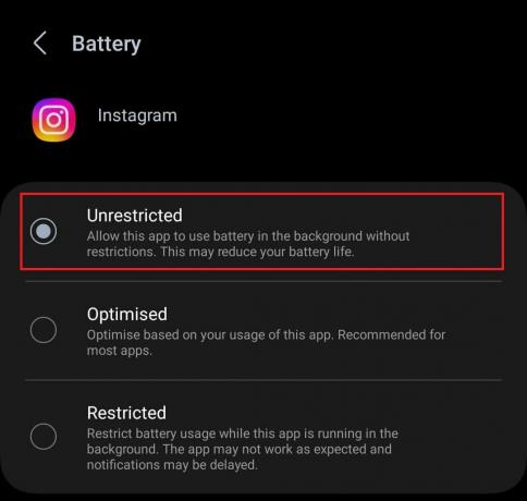 klepnite na Batéria a z možností vyberte Neobmedzené. | Instagram neposiela SMS kód