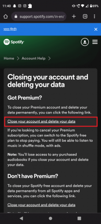 Tik op de sluit uw account en verwijder uw gegevenshyperlink