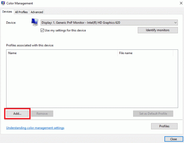 Spalvų valdymo lange spustelėkite parinktį Pridėti. Kaip įdiegti ICC profilį „Windows 10“.