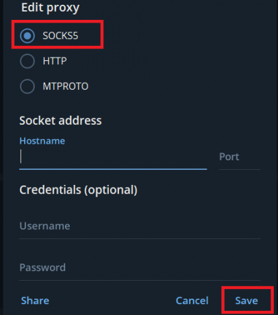 Di sana pilih SOCKS5, masukkan semua detail server, lalu klik Simpan.
