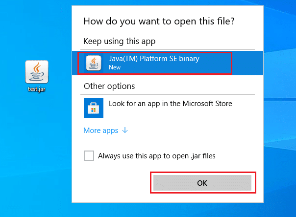 Öffnen Sie die JAR-Datei mit der Java TM Platform SE Binary App. So öffnen Sie JAR-Dateien in Windows 10