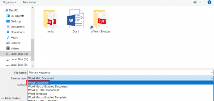 seleccione guardar como tipo en documento de Word