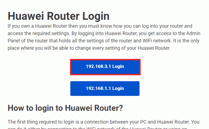 Atidarykite oficialią „Huawei“ maršrutizatoriaus prisijungimo portalo svetainę ir spustelėkite mygtuką „Prisijungti“ 192.168.3.1. Kaip atrakinti Huawei modemą