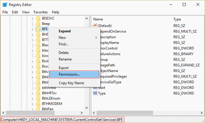 haga clic derecho en la clave de registro BFE y seleccione Permisos