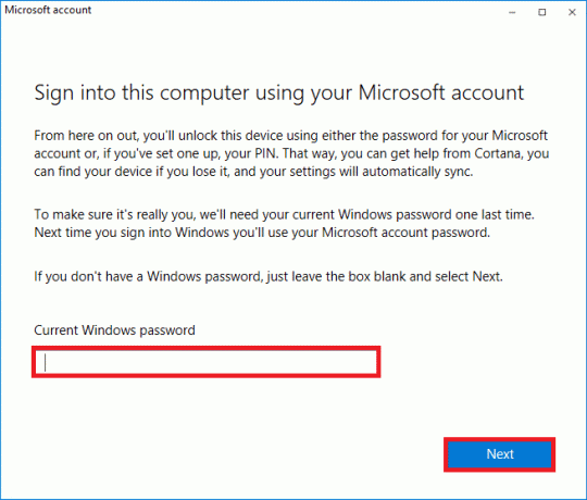 Microsoft 계정이 시스템에 연결되어 있지 않으면 시스템의 로그인 암호를 입력하십시오. 다음을 클릭합니다. Windows 10 0xc004f075 오류 수정