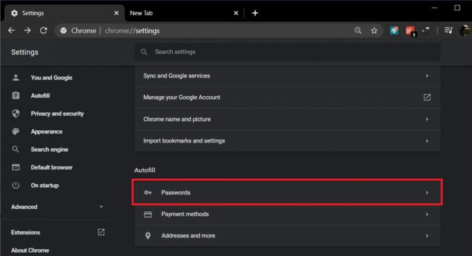 Klicken Sie unter dem Autofill-Label auf Passwörter | Fix Google Chrome speichert keine Passwörter