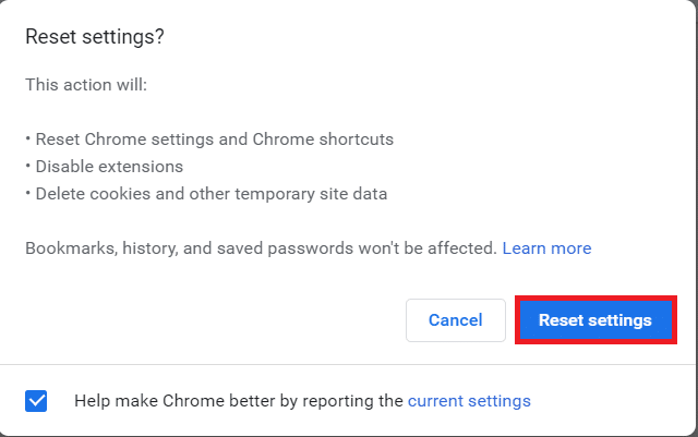 potvrdite upit odabirom gumba Reset settings 