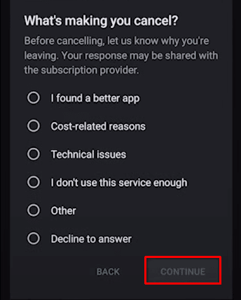 Pasirinkite priežastį, kodėl atšaukiate prenumeratą, tada bakstelėkite Tęsti, kad galiausiai atsisakytumėte „Pure dating“ programos prenumeratos.