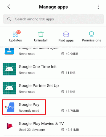 Klicka på Google Pay-appen i listan över installerade appar