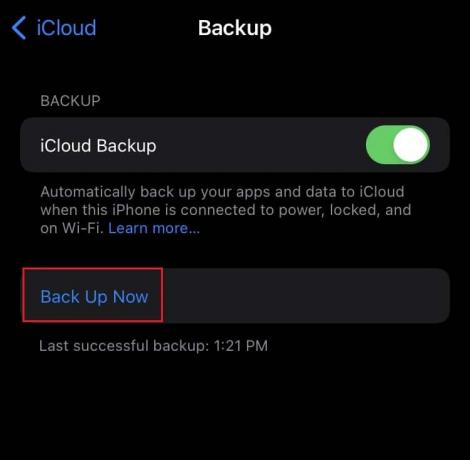 tik op Nu een back-up maken optie in iCloud-back-upinstellingen van iPhone