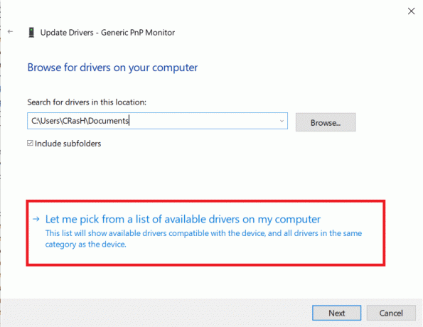 faceți clic pe Permiteți-mi să aleg dintr-o listă de drivere disponibile pe computerul meu. | Remediați problema monitorului PnP generic pe Windows 10
