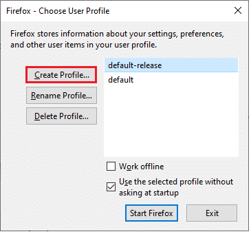 Teraz kliknij opcję Utwórz profil…. Napraw Firefox Prawy przycisk myszy nie działa