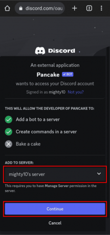 Selecione um servidor e toque em Continuar. | Como adicionar o Pancake Bot no Discord