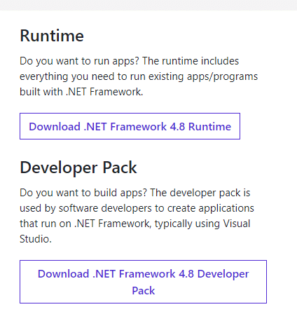 Nu faceți clic pe Download .NET Framework 4.8 Developer Pack