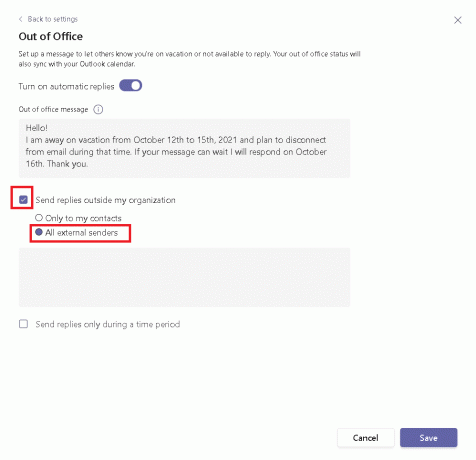selecteer Alle externe afzenders. Hoe u thuiswerken een afwezigheidsbericht instelt