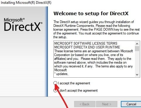 Klicka på radioknappen Jag accepterar avtalet för att fortsätta installera DirectX