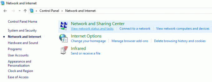 Wewnątrz Sieć i Internet kliknij Centrum sieci i udostępniania | Jak naprawić błąd połączenia Discord RTC z brakiem trasy?