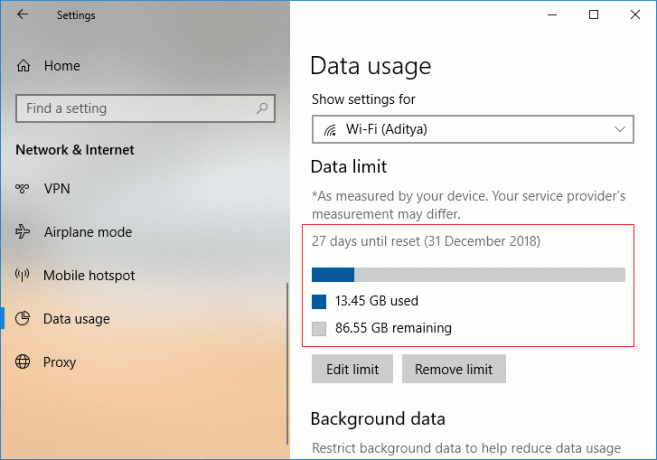 Setelah Anda mengklik Simpan, itu akan memberi Anda detail tentang berapa banyak data Anda yang telah dikonsumsi sampai sekarang