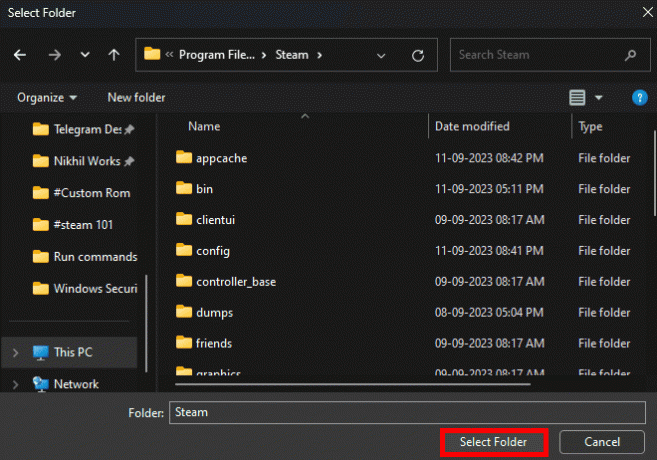 Επιλέξτε το φάκελο Steam και κάντε κλικ στο Select Folder. | Κωδικός σφάλματος Steam 105