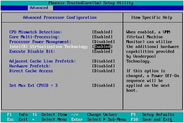 Povolte virtualizaci v nabídce BIOS