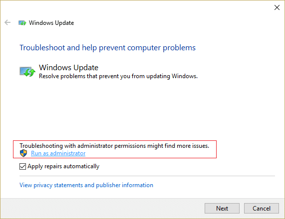 sørg for å klikke Kjør som administrator i Windows Update Troubleshooter