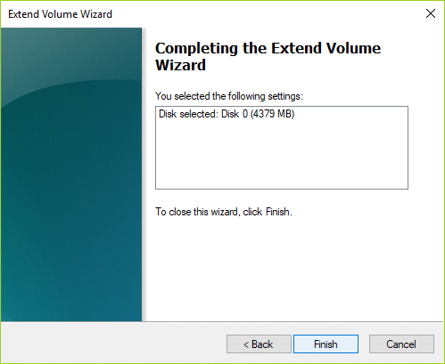 faceți clic pe Finish pentru a finaliza Extend Volume Wizard