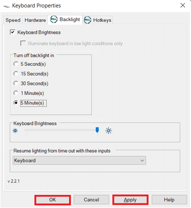 Kattintson az Alkalmaz gombra a változtatások mentéséhez, és az OK gombra a kilépéshez. A billentyűzet háttérvilágításának beállítása Dell