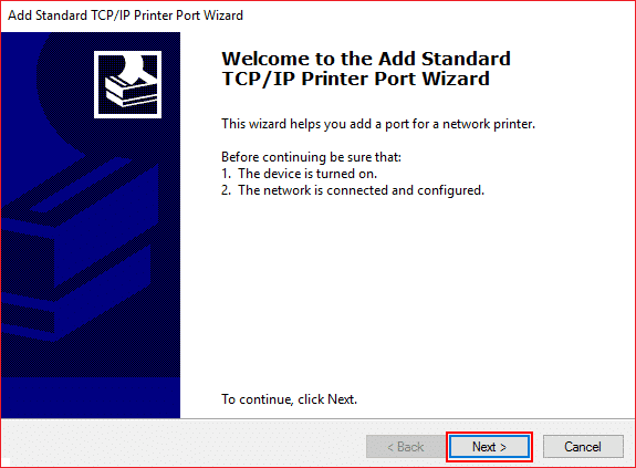 표준 TCPIP 프린터 포트 추가 마법사에서 다음을 클릭합니다.