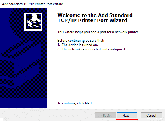 Klicka på Nästa i guiden Lägg till standard TCPIP-skrivarport