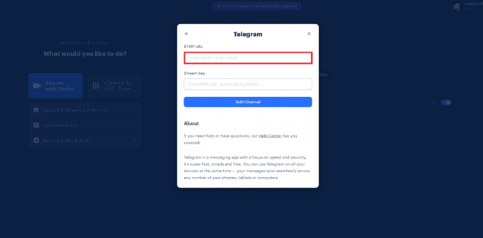 Liitä kopioitu URL-osoite Restream RTMP URL -tekstikenttään